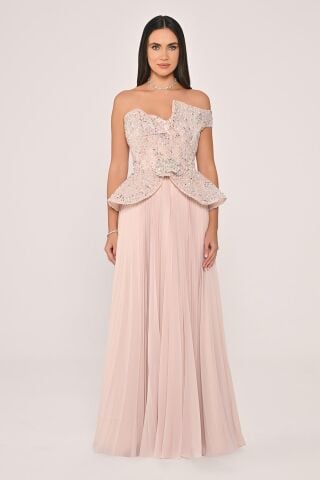 Tek Düşük Omuz Üstü Payet Eteği Pliseli Şifon Uzun Elbise