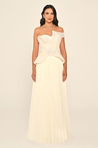 Tek Düşük Omuz Üstü Payet Eteği Pliseli Şifon Uzun Elbise