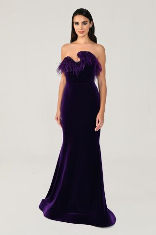 Straplez Üstü Tüylü Asimetrik Kesim  Kadife Uzun Elbise KOYU MOR - 44