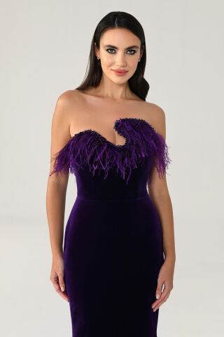 Straplez Üstü Tüylü Asimetrik Kesim  Kadife Uzun Elbise KOYU MOR - 44