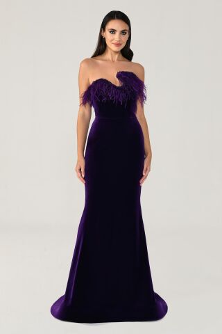 Straplez Üstü Tüylü Asimetrik Kesim  Kadife Uzun Elbise KOYU MOR - 44