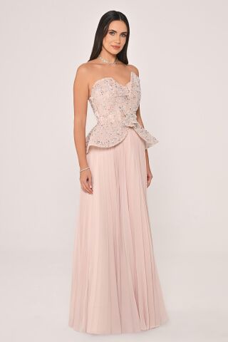 Tek Düşük Omuz Üstü Payet Eteği Pliseli Şifon Uzun Elbise Pudra - 36