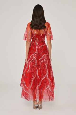 Kısa Kollu Parlak Tül Midi Elbise Kırmızı - 40