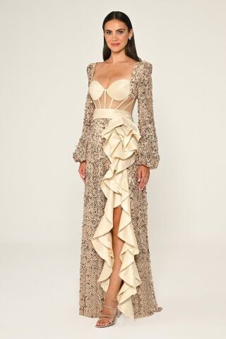 Korseli Transparan Bel Pullu File Uzun Elbise Bej - 36