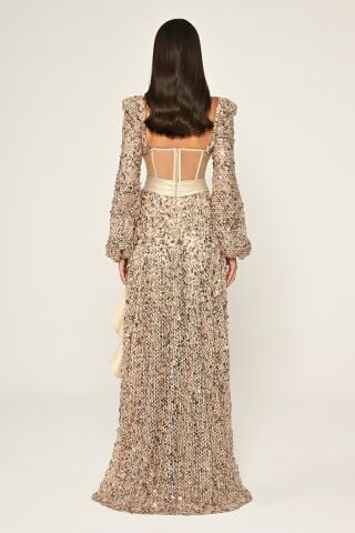 Korseli Transparan Bel Pullu File Uzun Elbise Bej - 36