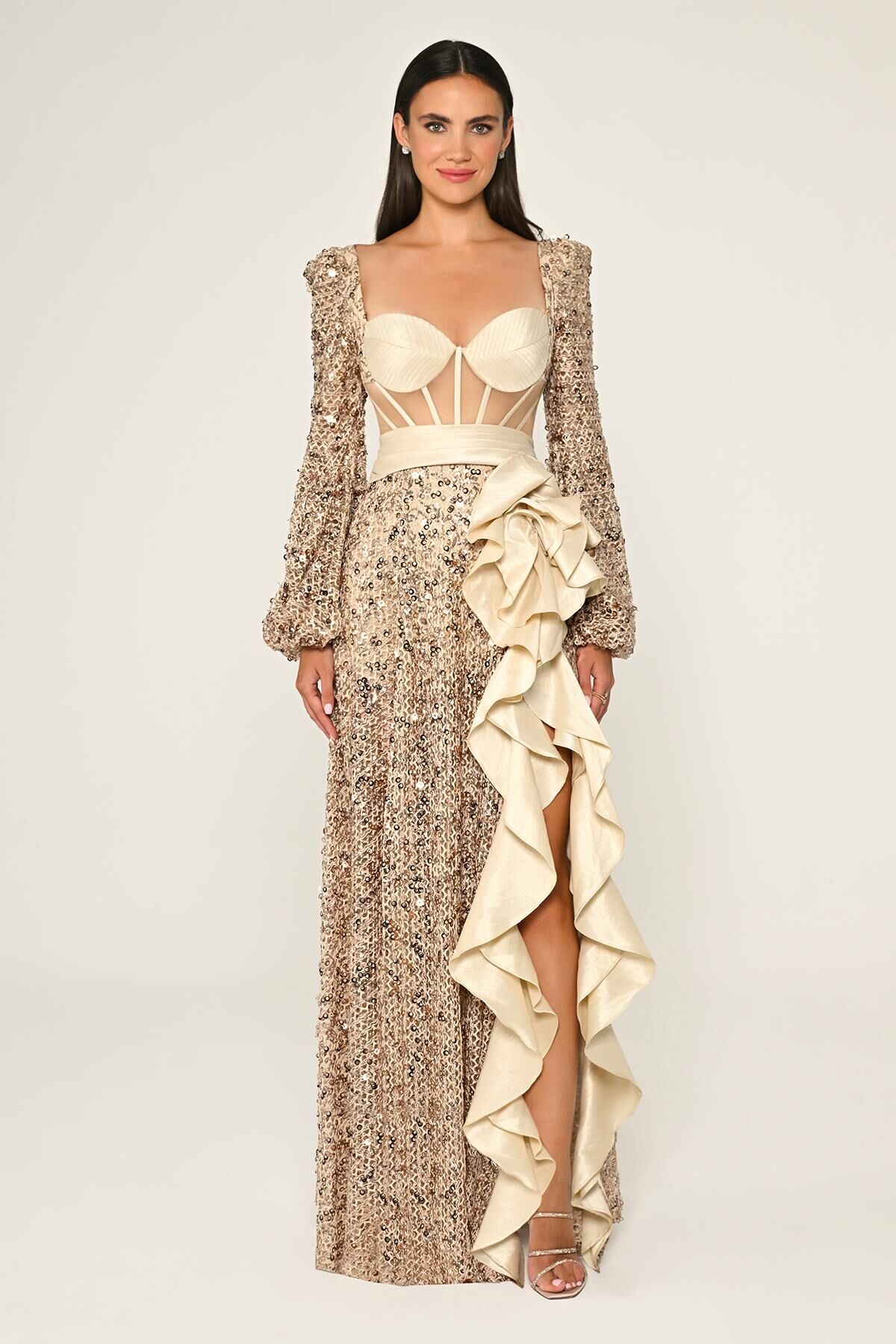 Korseli Transparan Bel Pullu File Uzun Elbise Bej - 38