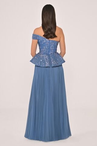 Tek Düşük Omuz Üstü Payet Eteği Pliseli Şifon Uzun Elbise İNDİGO - 36