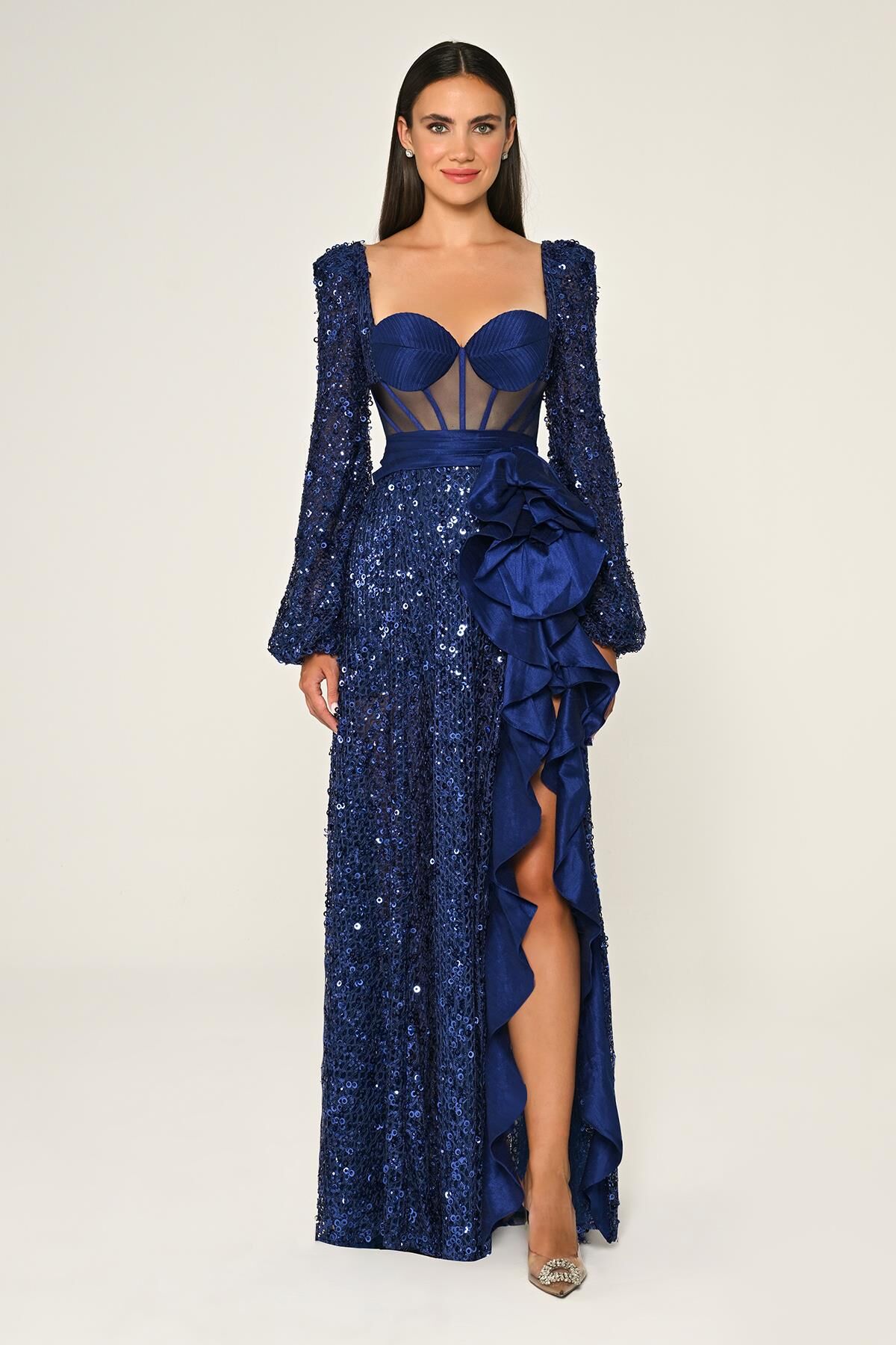 Korseli Transparan Bel Pullu File Uzun Elbise Lacivert - 38