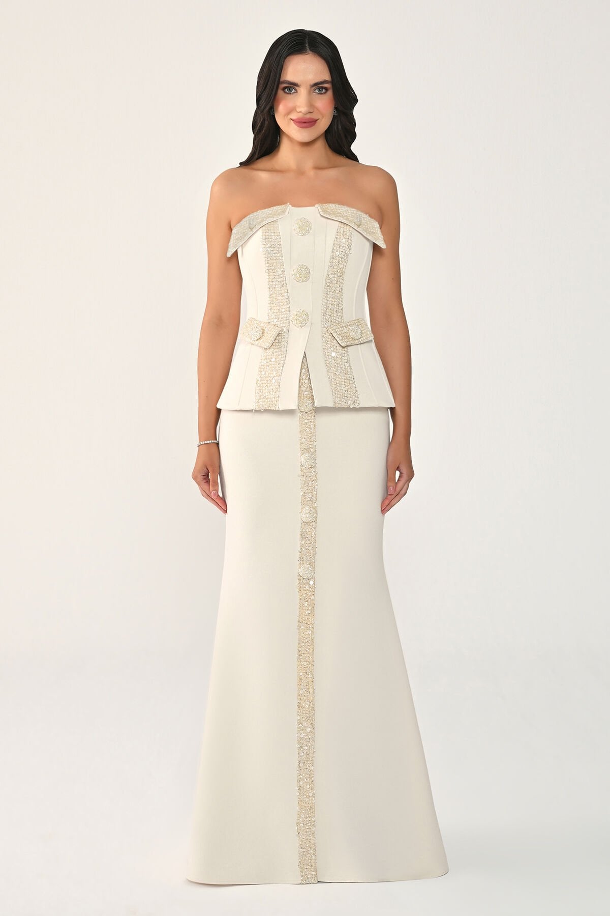 Straplez Düğmeli Payet Detaylı Krep Uzun  Elbise