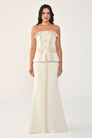 Straplez Düğmeli Payet Detaylı Krep Uzun  Elbise