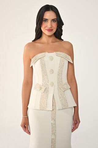 Straplez Düğmeli Payet Detaylı Krep Uzun  Elbise