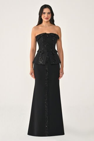 Straplez Düğmeli Payet Detaylı Krep Uzun  Elbise