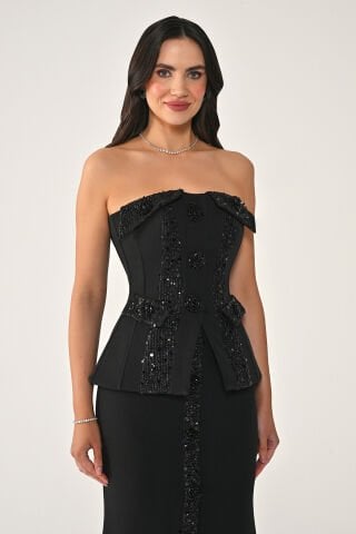 Straplez Düğmeli Payet Detaylı Krep Uzun  Elbise