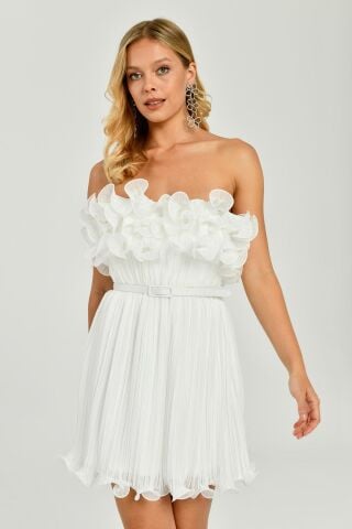 Trägerloses, plissiertes Chiffon-Kurzkleid Weiß - 40