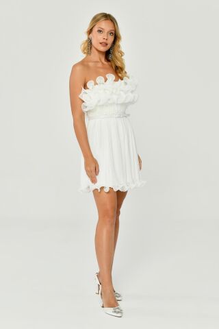Straplez Piliseli Şifon Kısa Elbise Beyaz - 40