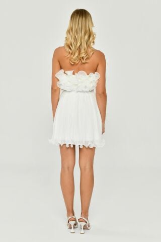 Straplez Piliseli Şifon Kısa Elbise Beyaz - 40