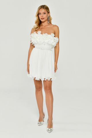 Trägerloses, plissiertes Chiffon-Kurzkleid Weiß - 40