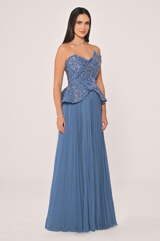 Tek Düşük Omuz Üstü Payet Eteği Pliseli Şifon Uzun Elbise İNDİGO - 42