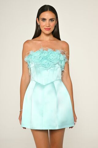Strapless Top with Floral Accessories Matte Satin Short Dress MINT - 42