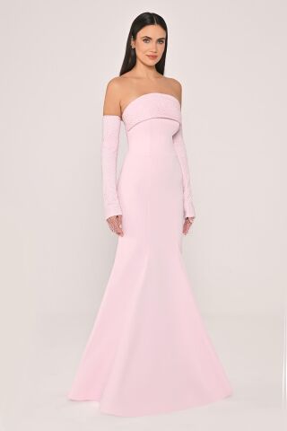 Straplez Yaka ve Kol Taşlı File Krep Uzun Elbise Pembe - 42