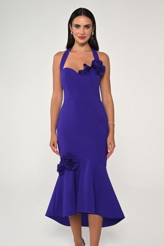 Askılı Kalp Göğüs Çiçek Aksesuarlı Midi Elbise Mor - 42