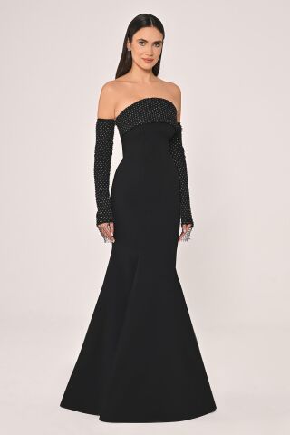 Straplez Yaka ve Kol Taşlı File Krep Uzun Elbise Siyah - 36