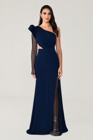 LONG DRESS WITH SINGLE TRANSPARENT SLEEVE SPLIT