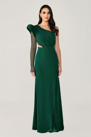 Tek Transparan Kol Yırtmaçlı Uzun Elbise