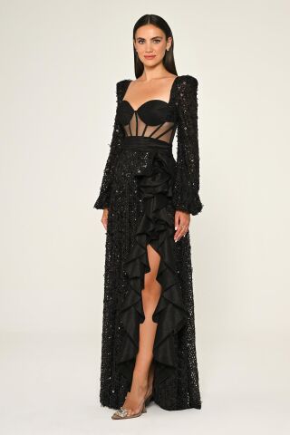 Korseli Transparan Bel Pullu File Uzun Elbise Siyah - 40