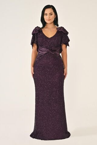 V Yaka Omuz Aksesuarlı Boncuklu Kumaş Uzun Elbise