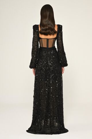 Korseli Transparan Bel Pullu File Uzun Elbise Siyah - 42