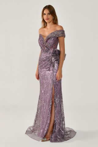 Düşük Tek Omuz Yırtmaçlı Tül Uzun Elbise Lila - 40