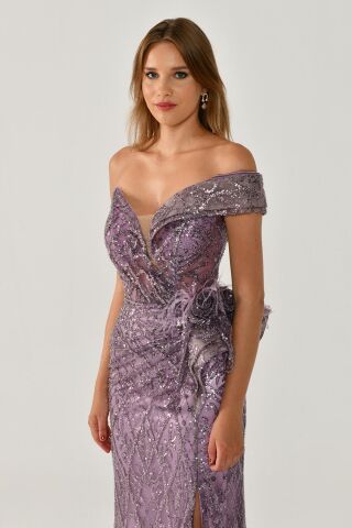 Düşük Tek Omuz Yırtmaçlı Tül Uzun Elbise Lila - 40