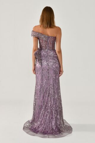 Düşük Tek Omuz Yırtmaçlı Tül Uzun Elbise Lila - 40
