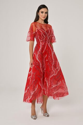Kısa Kollu Parlak Tül Midi Elbise Kırmızı - 36