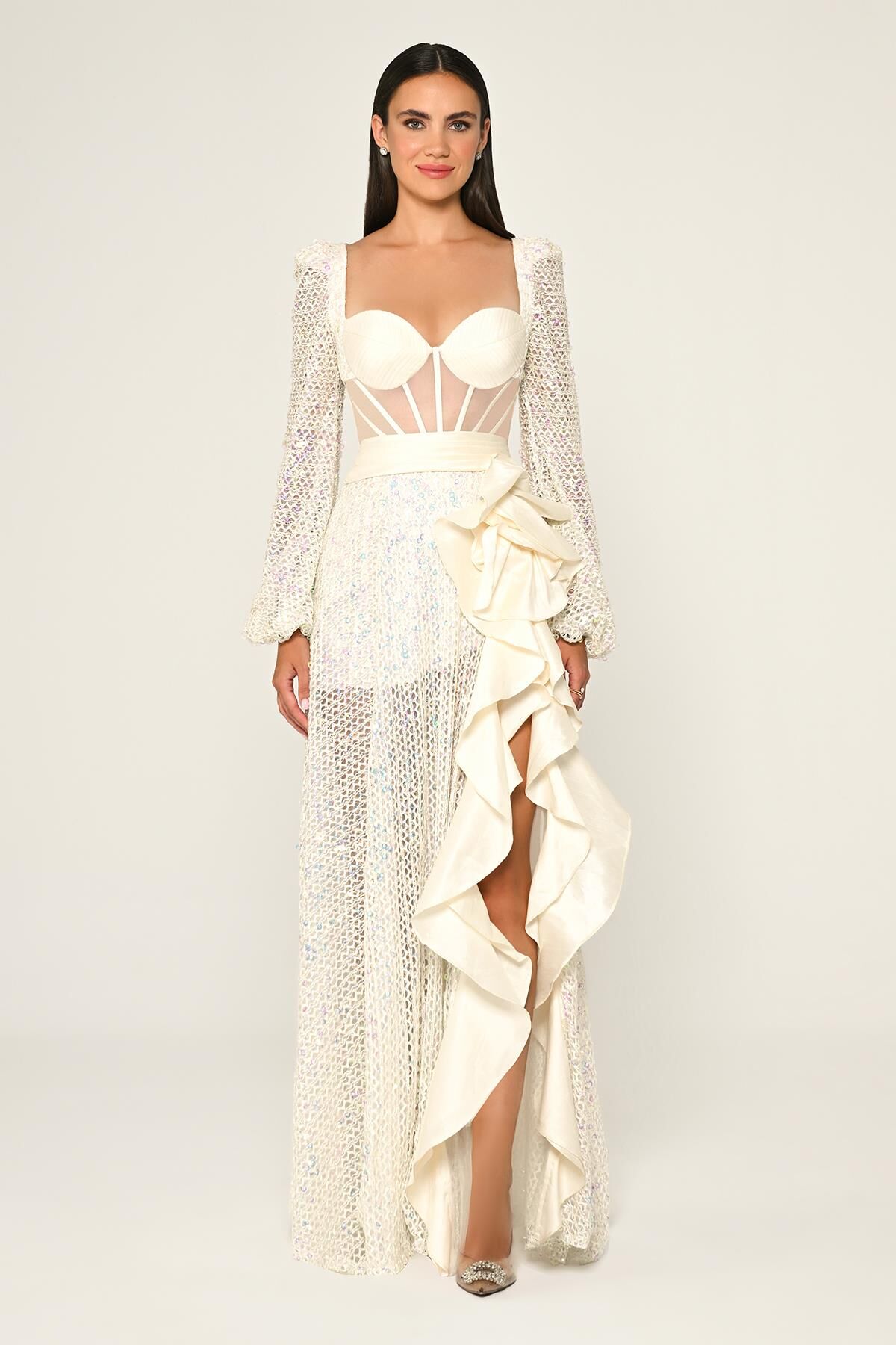 Korseli Transparan Bel Pullu File Uzun Elbise EKRU - 36