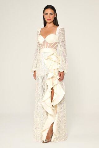 Korseli Transparan Bel Pullu File Uzun Elbise EKRU - 36