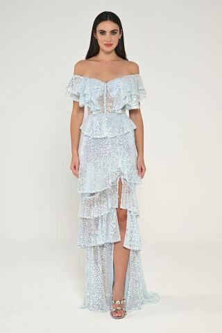 Düşük Omuz Kalp Göğüs Fırfırlı Payet Uzun Elbise BUZ MAVİ - 42