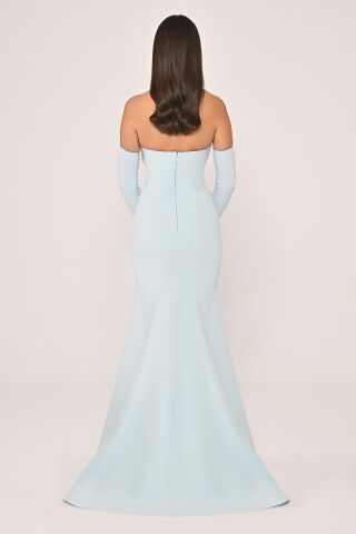 Straplez Yaka ve Kol Taşlı File Krep Uzun Elbise AÇIK MAVİ - 36