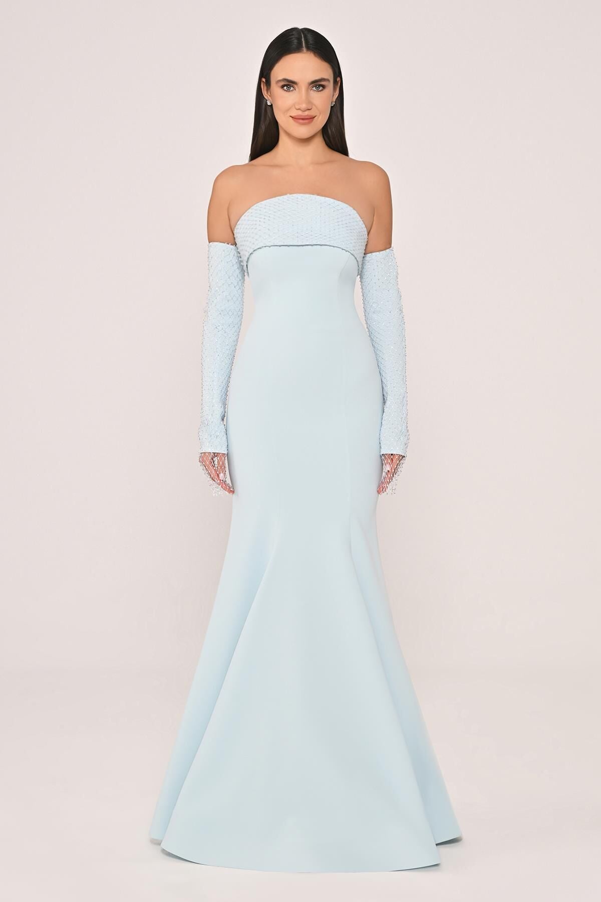 Straplez Yaka ve Kol Taşlı File Krep Uzun Elbise AÇIK MAVİ - 36