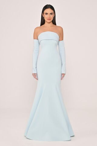 Straplez Yaka ve Kol Taşlı File Krep Uzun Elbise AÇIK MAVİ - 36