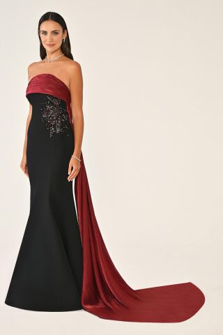 Straplez Üstü İşlemeli Kuyruklu Krep Uzun Elbise 36 - SİYAH / BORDO