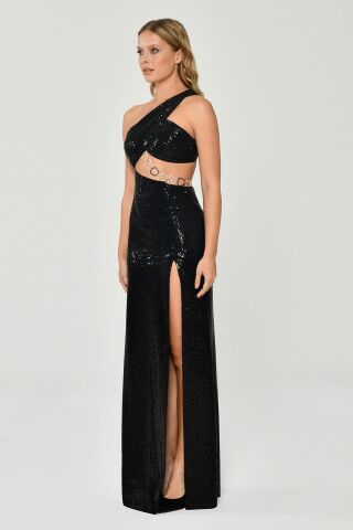 Tek Askılı Zincir Aksesuarlı Yartmaçlı Uzun Elbise Siyah - 40