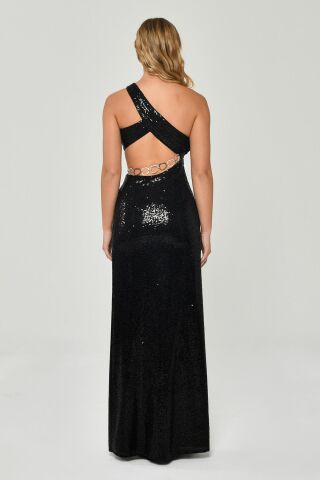 Tek Askılı Zincir Aksesuarlı Yartmaçlı Uzun Elbise Siyah - 40