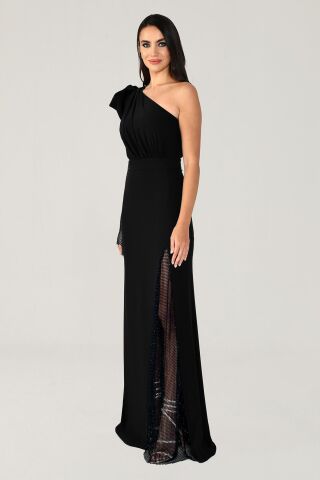 Tek Transparan Kol Yırtmaçlı Uzun Elbise Siyah - 40