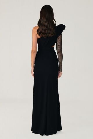 Tek Transparan Kol Yırtmaçlı Uzun Elbise Siyah - 40