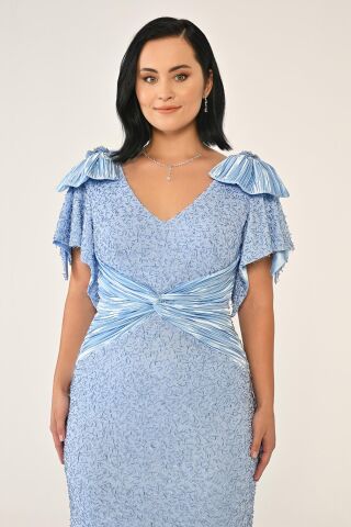 V Yaka Omuz Aksesuarlı Boncuklu Kumaş Uzun Elbise MAVİ - 42