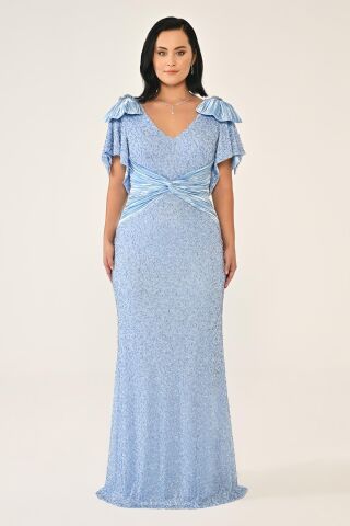 V Yaka Omuz Aksesuarlı Boncuklu Kumaş Uzun Elbise MAVİ - 44