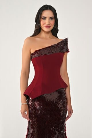 Tek Omuz Üst Asimetrik Kesim Pullu Uzun Elbise