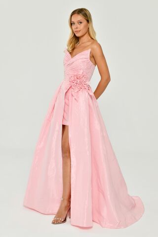 Straplez Yandan Yırtmaçlı parlak Kumaş Uzun Elbise Pembe - 36